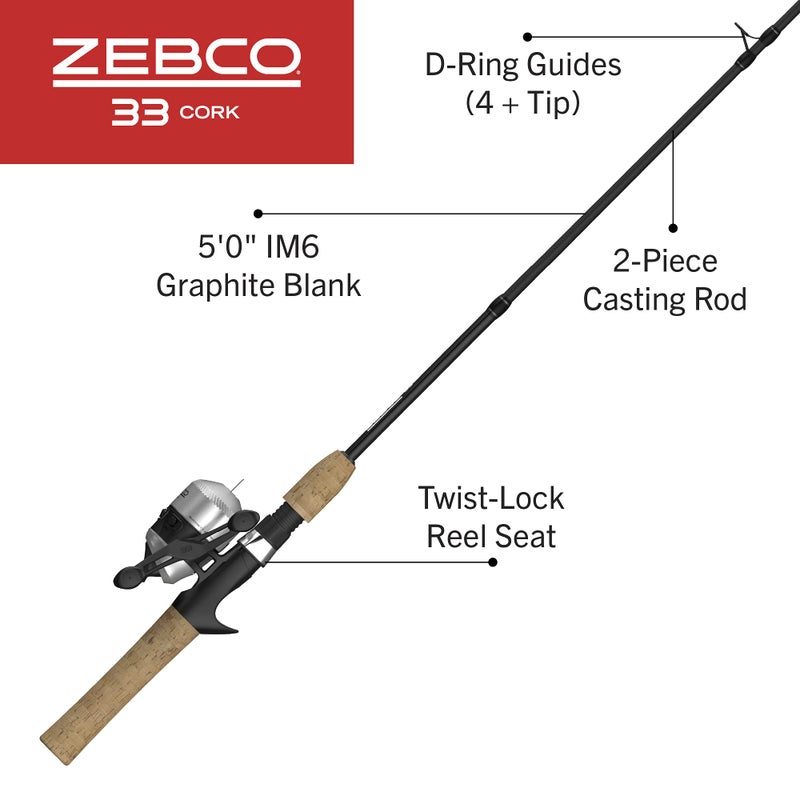 Zebco 33 Cork Micro Spincast Reel and 2-Piece Fishing Rod Combo, Cork Handle, Quickset Anti-Reverse Fishing Reel with Bite Alert, Black - Image 2